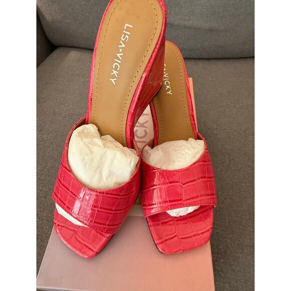 NEW Lisa Vicky Nordstrom Adore-V‎ Croco Wedge Sandals Black Patent Leather 7 - Picture 2 of 7